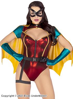 Female superhero, teddy costume, iridescent fabric, short sleeves, front zipper